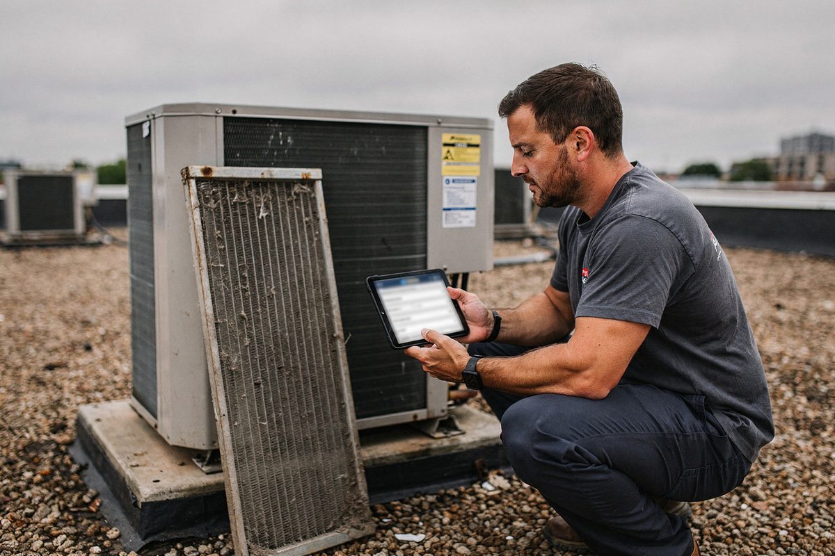 Technician checking a rooftop HVAC unit against an inspection checklist
